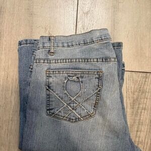 Vintage Pazzo Low-rise blue denim jeans with rhinestone heart pocket size 19 w